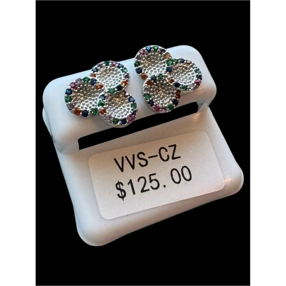 Multi Color VVS CZ Pavé Cluster Stud Earrings NWT Rainbow Stainless Steel